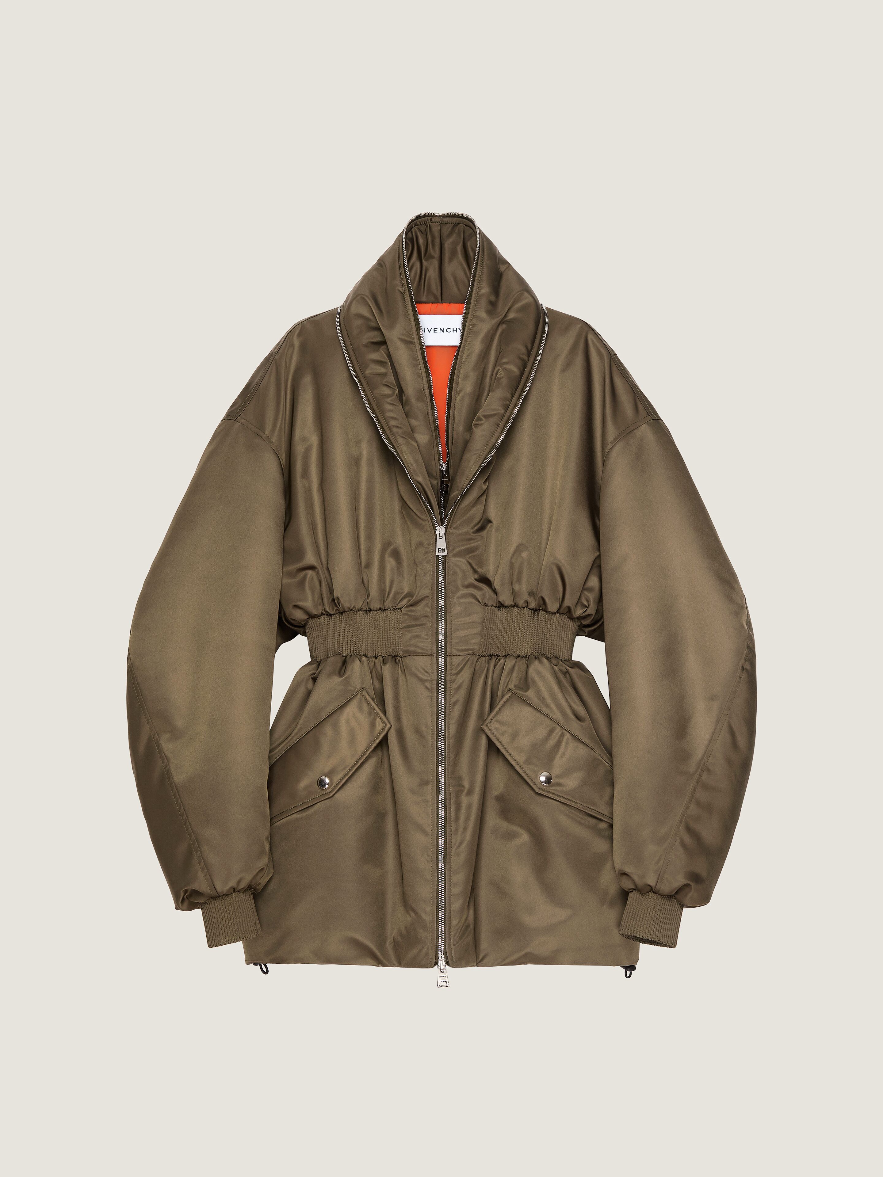 Hourglass bomber with zipped shawl collar in nylon